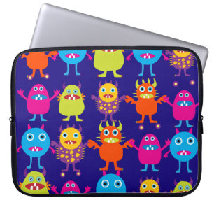 Funny Monster Party Cute Creatures on Blue Laptop Sleeve