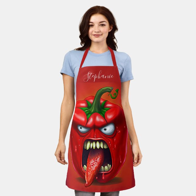 Funny Monster Red Bell Pepper Rocker Apron (Worn)