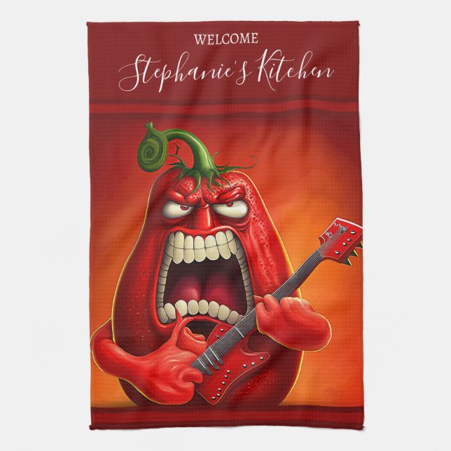 Funny Monster Red Bell Pepper Rocker Guitar Kitchen Towel (Vertical)