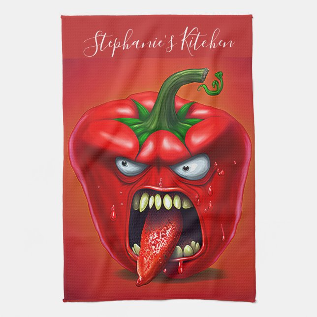 Funny Monster Red Bell Pepper Rocker Kitchen Towel (Vertical)