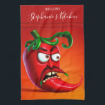 Funny Monster Red Hot Chili Pepper Kitchen Towel<br><div class="desc">Funny angry chili pepper character.</div>