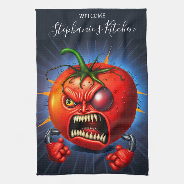 Funny Monster Red Tomato Boxer Kitchen Towel (Vertical)