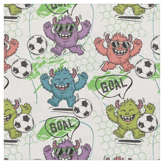 Funny Monster Soccer Kids Pattern Fabric (Close Up)