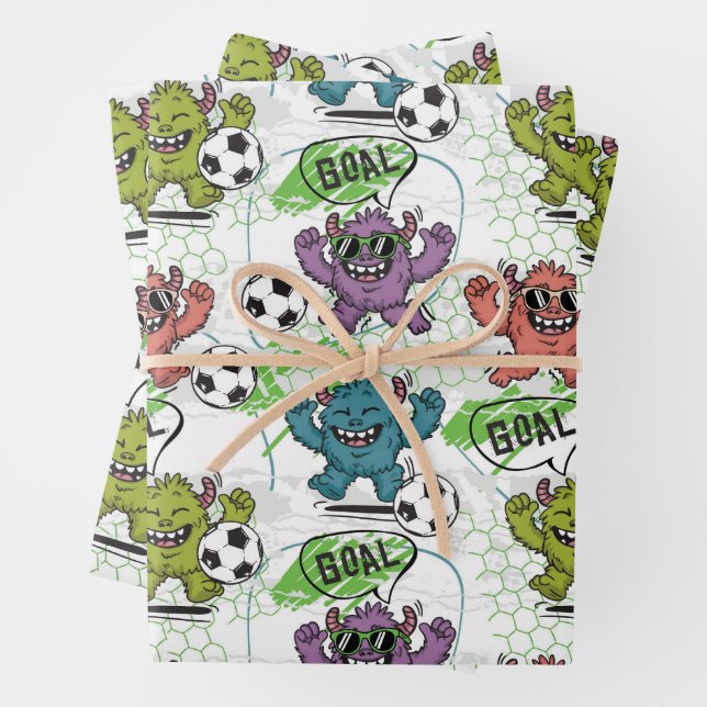 Funny Monster Soccer Kids Pattern Wrapping Paper Sheets (In situ)