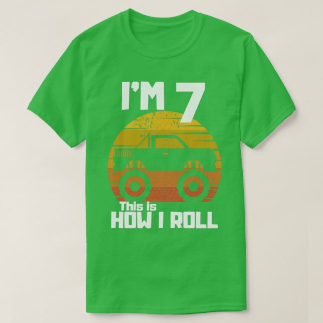 Funny Monster Trucks 7th Birthday Party Gift Seven T-Shirt (Design Front)
