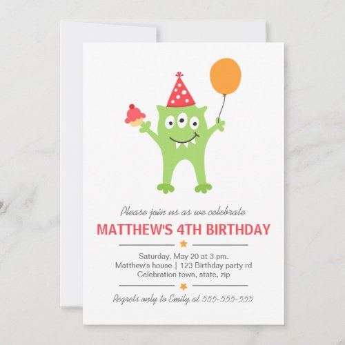Funny monster with balloon and cupcake birthday card