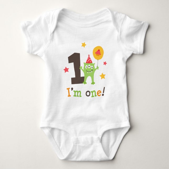 Funny monster with balloon and cupcake I am one Baby Bodysuit (Front)