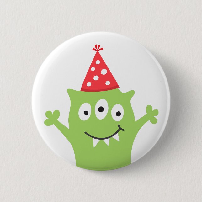 Funny monster with red party hat button (Front)