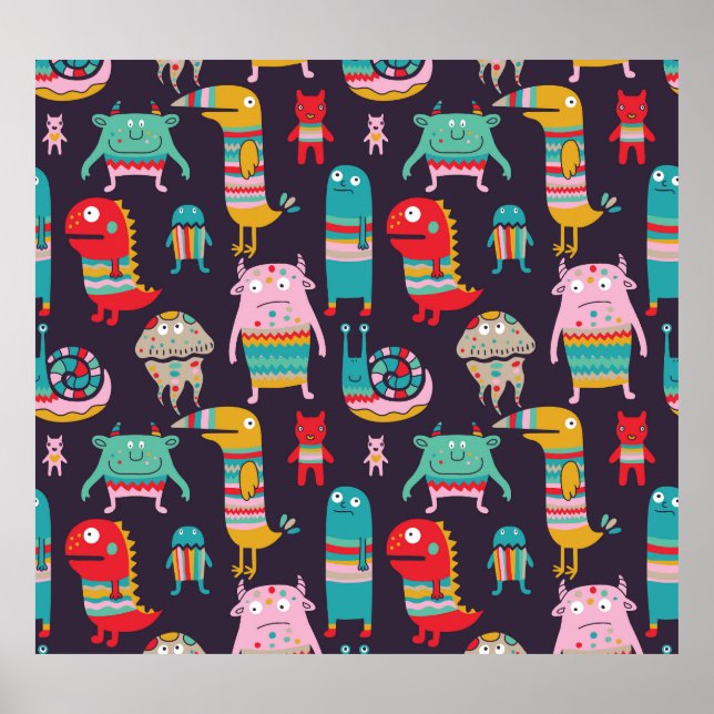 Funny Monsters Cartoon Seamless Pattern Poster (Front)