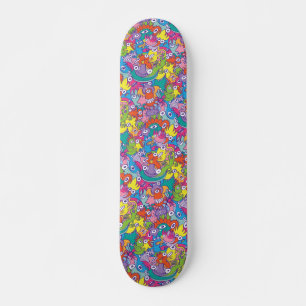 Funny monsters colorful parade in doodle art style skateboard