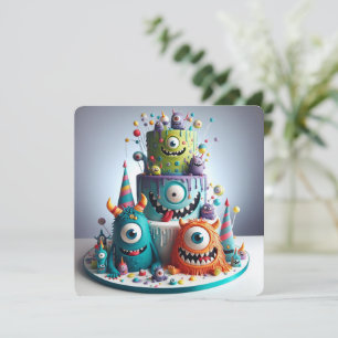 FUNNY MONSTERS DECORATED KIDS BIRTHDAY CAKE CARD