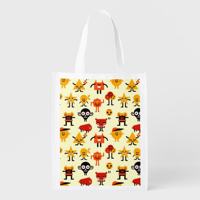 Funny monsters pattern reusable grocery bag (Front)