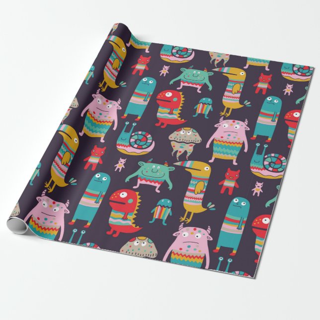 Funny monsters seamless pattern wrapping paper (Unrolled)