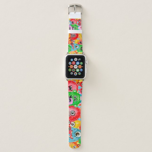 Funny Monsters, Watercolor Seamless Pattern. Apple Watch Band (Front)