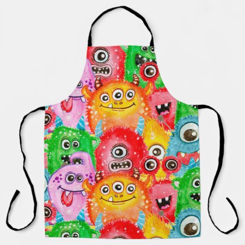 Funny Monsters Watercolor Seamless Pattern Apron