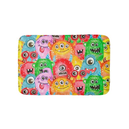 Funny Monsters Watercolor Seamless Pattern Bath Mat