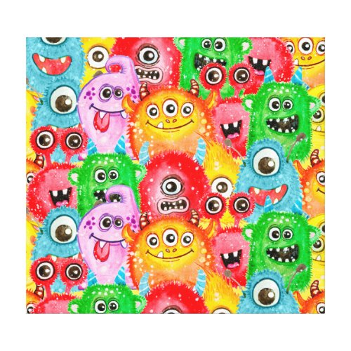 Funny Monsters Watercolor Seamless Pattern Canvas Print