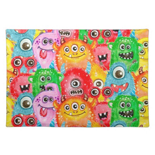 Funny Monsters Watercolor Seamless Pattern Cloth Placemat