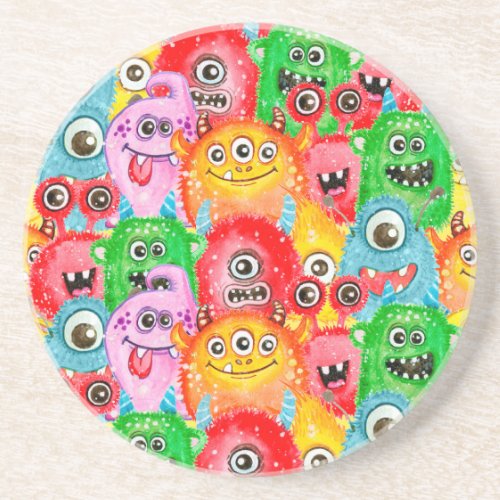Funny Monsters Watercolor Seamless Pattern Coaster