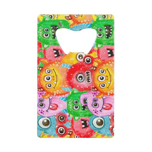 Funny Monsters Watercolor Seamless Pattern Credit Card Bottle Opener