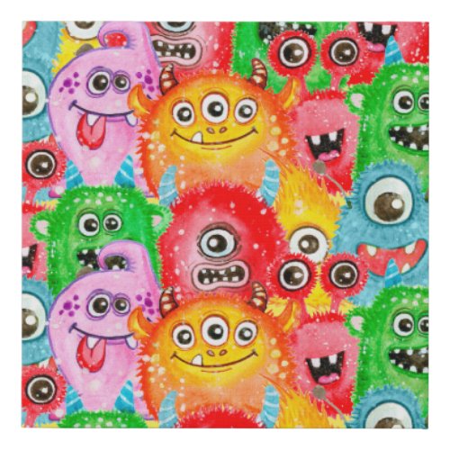 Funny Monsters Watercolor Seamless Pattern Faux Canvas Print