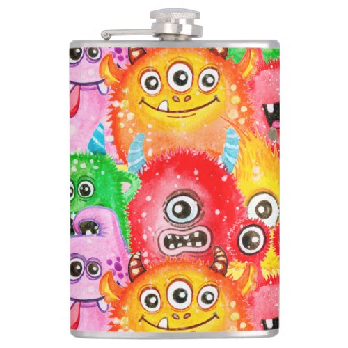 Funny Monsters Watercolor Seamless Pattern Flask
