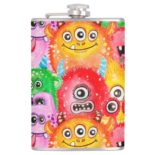 Funny Monsters, Watercolor Seamless Pattern. Flask (Front)