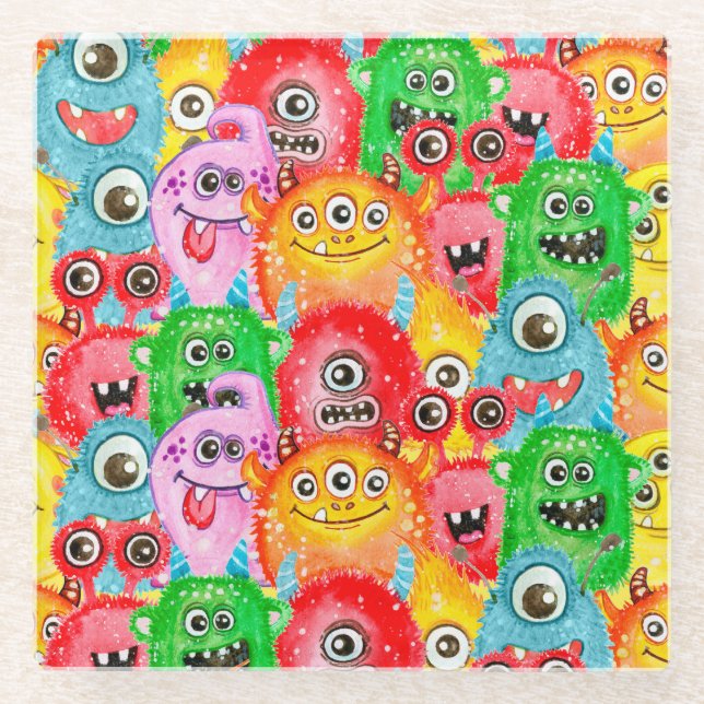 Funny Monsters, Watercolor Seamless Pattern. Glass Coaster (Front)