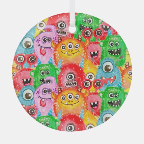Funny Monsters Watercolor Seamless Pattern Glass Ornament