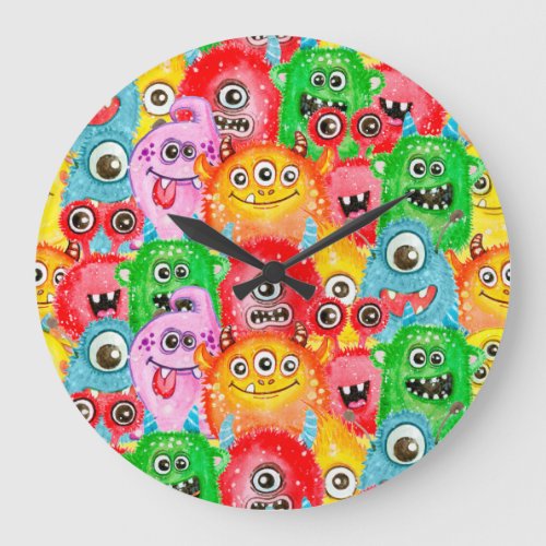 Funny Monsters Watercolor Seamless Pattern Large Clock