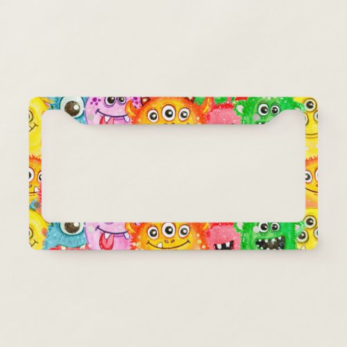Funny Monsters Watercolor Seamless Pattern License Plate Frame