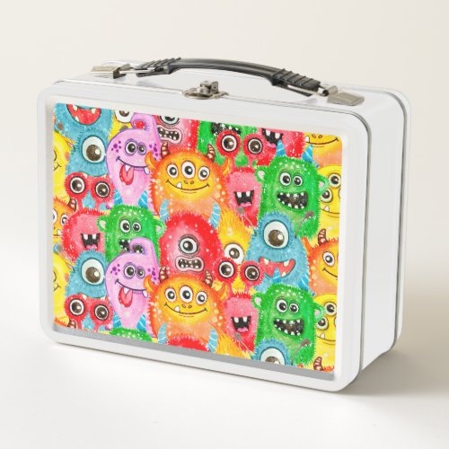 Funny Monsters Watercolor Seamless Pattern Metal Lunch Box