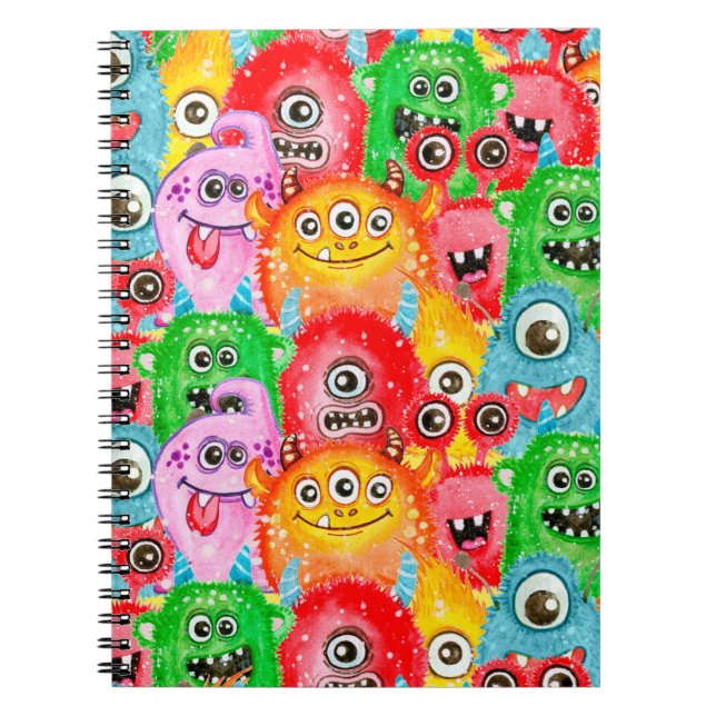 Funny Monsters, Watercolor Seamless Pattern. Notebook (Front)
