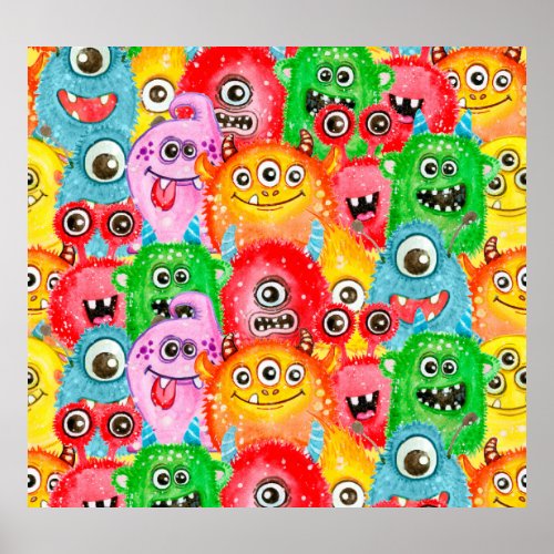 Funny Monsters Watercolor Seamless Pattern Poster