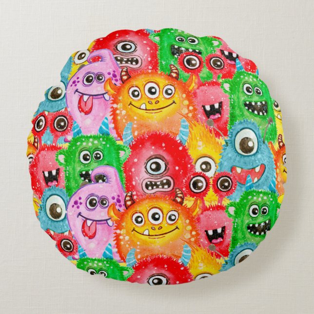 Funny Monsters, Watercolor Seamless Pattern. Round Pillow (Front)