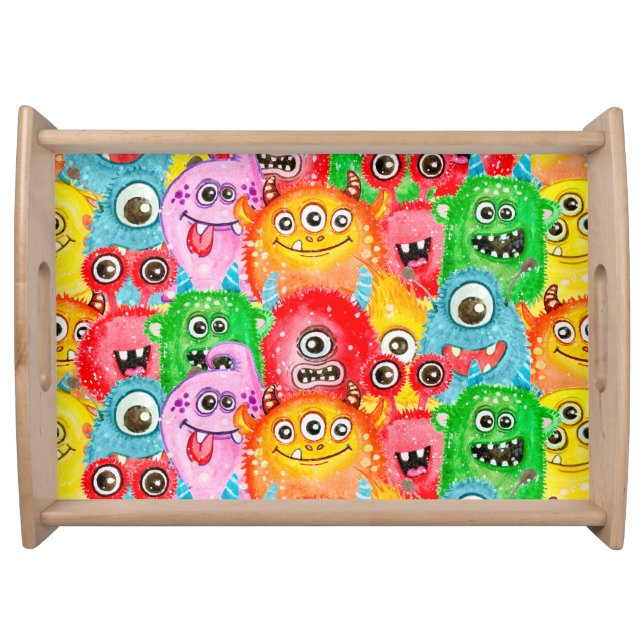 Funny Monsters, Watercolor Seamless Pattern. Serving Tray (Front)