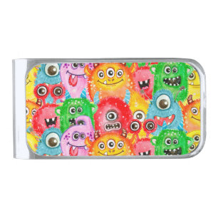 Funny Monsters, Watercolor Seamless Pattern. Silver Finish Money Clip