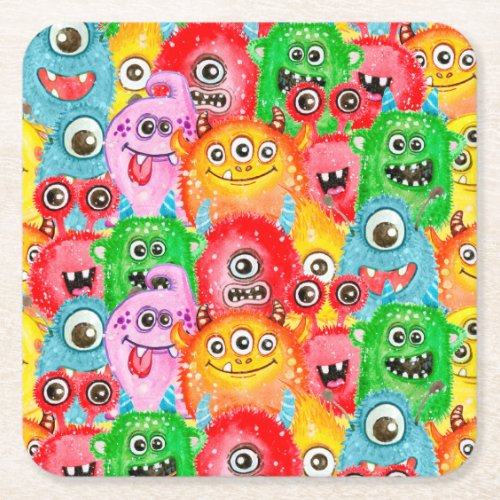 Funny Monsters Watercolor Seamless Pattern Square Paper Coaster
