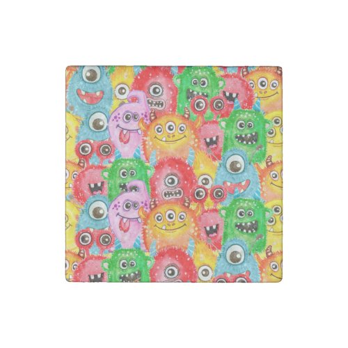 Funny Monsters Watercolor Seamless Pattern Stone Magnet