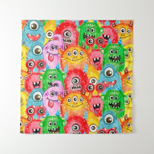 Funny Monsters Watercolor Seamless Pattern Tapestry