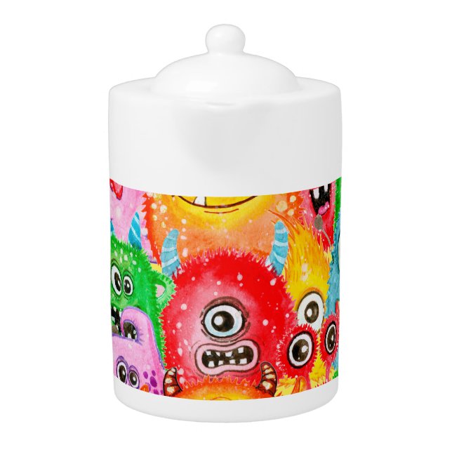 Funny Monsters, Watercolor Seamless Pattern. Teapot (Front)