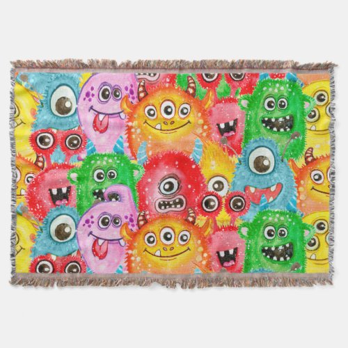 Funny Monsters Watercolor Seamless Pattern Throw Blanket