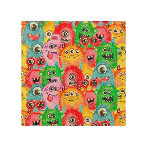 Funny Monsters Watercolor Seamless Pattern Wood Wall Art