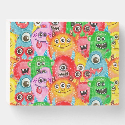 Funny Monsters Watercolor Seamless Pattern Wooden Box Sign