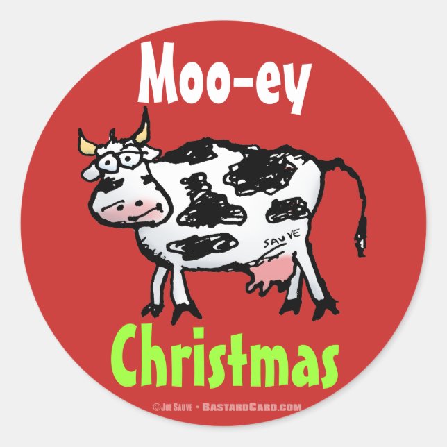 Funny Moo-ey Christmas Cow Classic Round Sticker (Front)