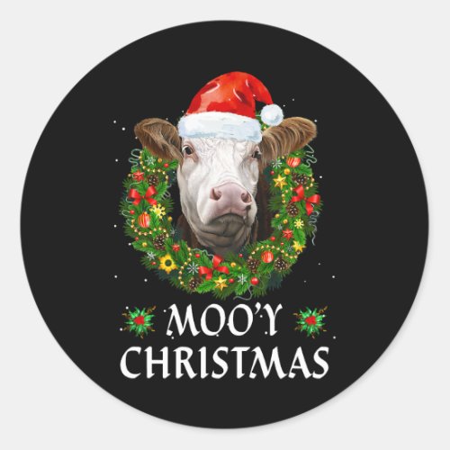 Funny Mooey Christmas Wreath Santa Hat Cow Moo Far Classic Round Sticker