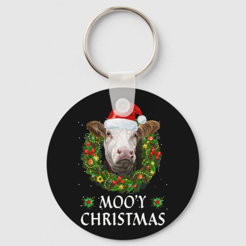 Funny Mooey Christmas Wreath Santa Hat Cow Moo Far Keychain