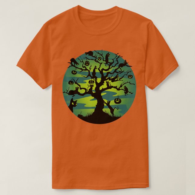 Funny Moon Black Cats Pumpkin Tree Moon Halloween  T-Shirt (Design Front)