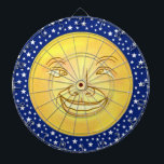 Funny Moon Man Outer Space Vintage Dartboard With Darts<br><div class="desc">This original dartboard design is derived from an antique image of a smiling moon face. It could also be the sun. It has a wide smile and funny, somewhat crossed eyes. It rests on a field of white stars in a blue sky / heavens. This is a cute, sweet design...</div>