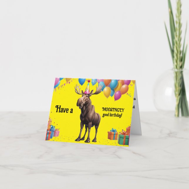 Funny Moose Birthday Greeting with Balloons & Gift Card (Front)